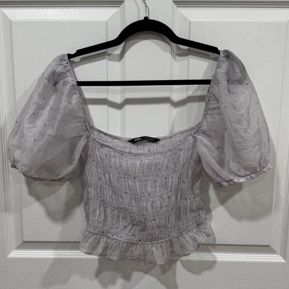 Zara Women’s Sheer Polka Dot Smocked Puff‎ Sleeve Crop Blouse Size Small
